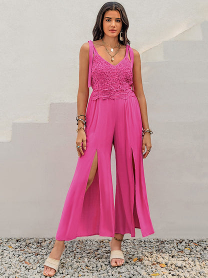 V-Neck Wide Strap Slit Jumpsuit.