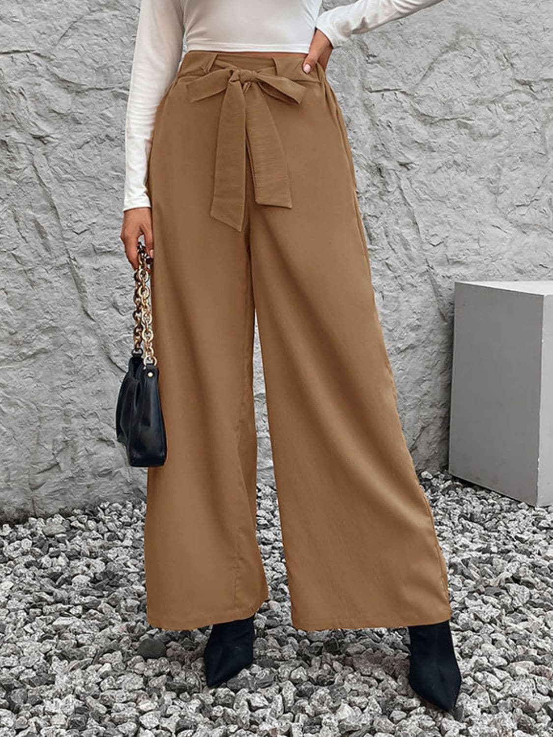 Tied High Waist Wide Leg Pants.