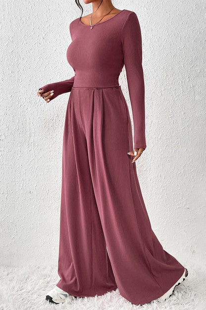 Ribbed Round Neck Top and Wide-Leg Pants Set.