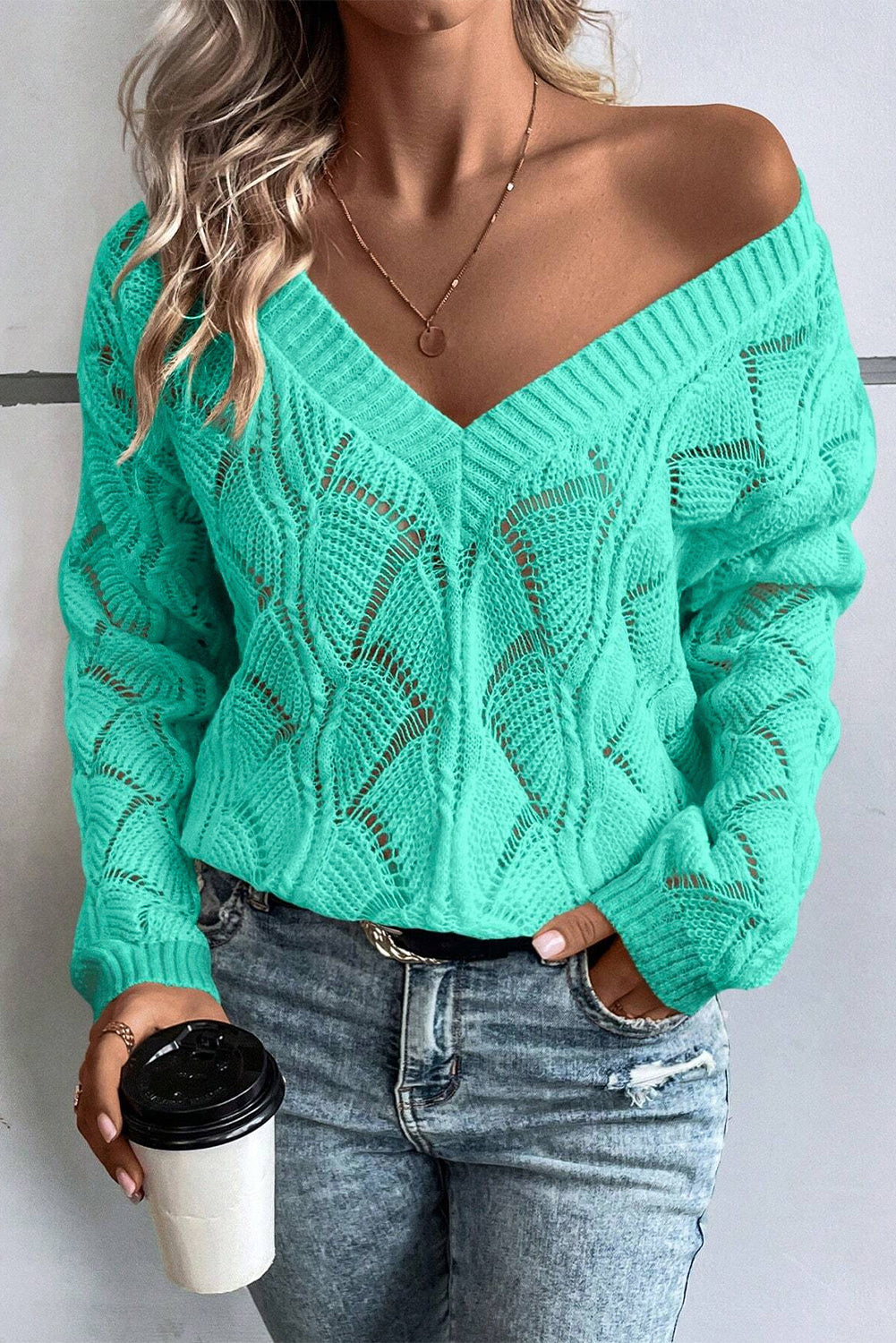 Chic mint green v-neck hollow-out knit sweater with drop shoulders