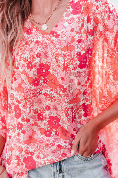 Pink floral boho kimono-style blouse with V neckline