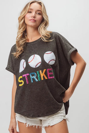 BiBi Sequin Baseballs Strike Washed Short Sleeve Top - Love Salve 
