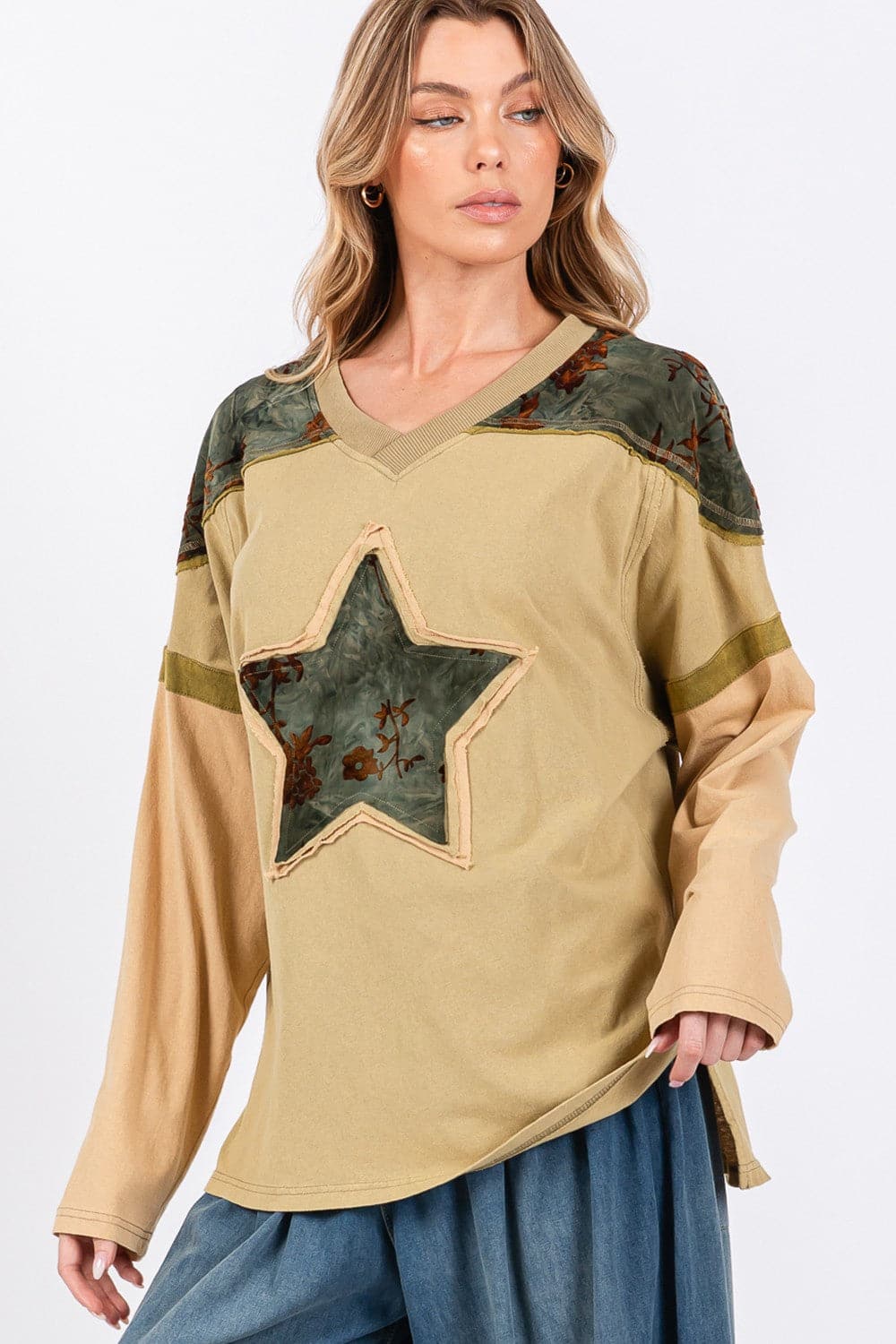 SAGE + FIG Star Patch Long Sleeve Color Block T-Shirt.