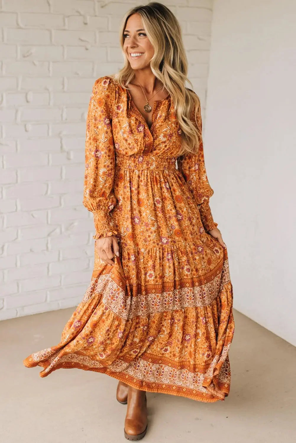 Orange Floral Print Smocked Waist Long Sleeve Boho Maxi Dress Dear-Lover Dropshipping