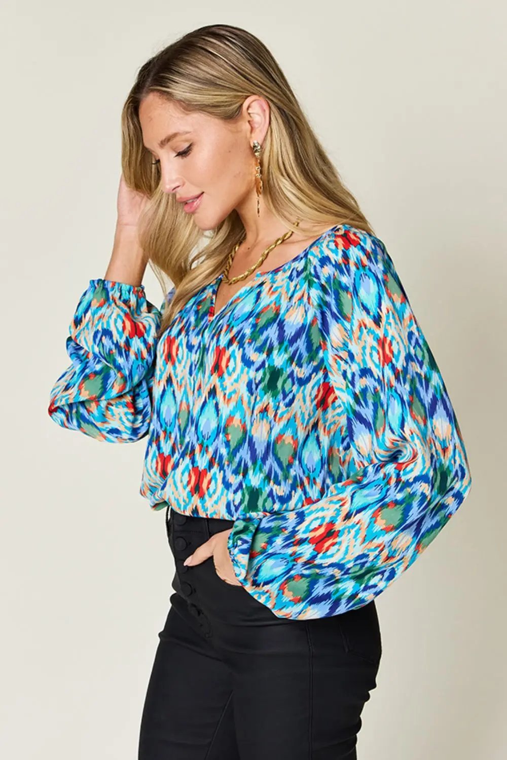 Double Take Full Size Printed Balloon Sleeve Blouse - Love Salve
