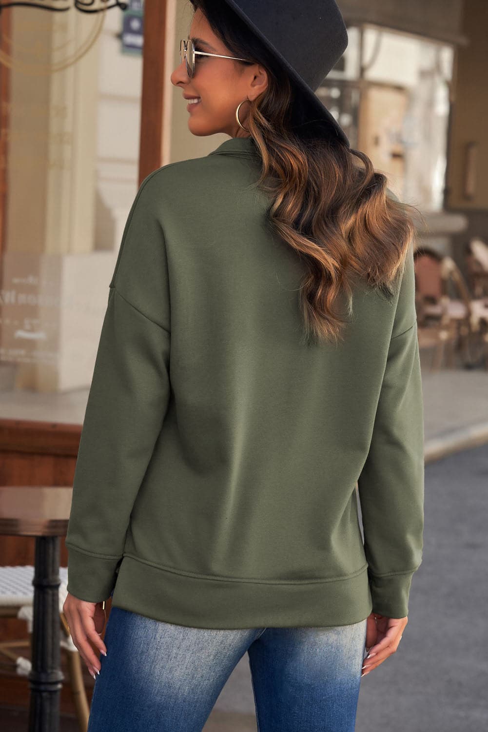 Half Zip Dropped Shoulder Long Sleeve Sweatshirt.