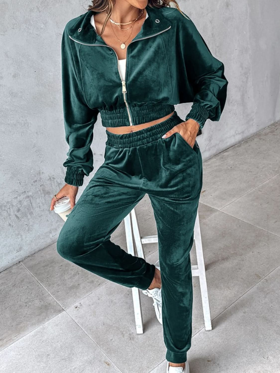 Cropped Zip-Up Long Sleeve Top and Jogger Set with Pockets