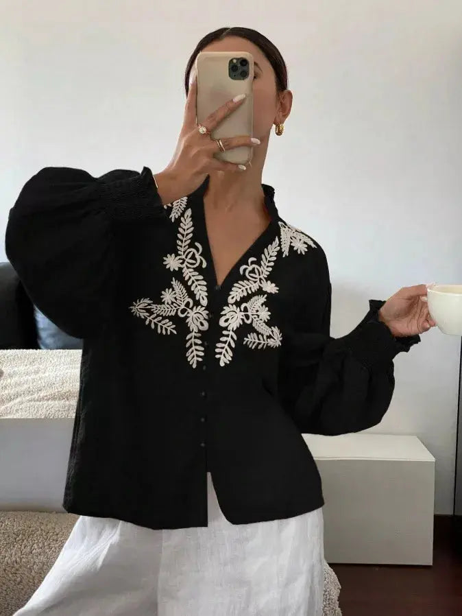 Embroidered Notched Long Sleeve Blouse Simply Love
