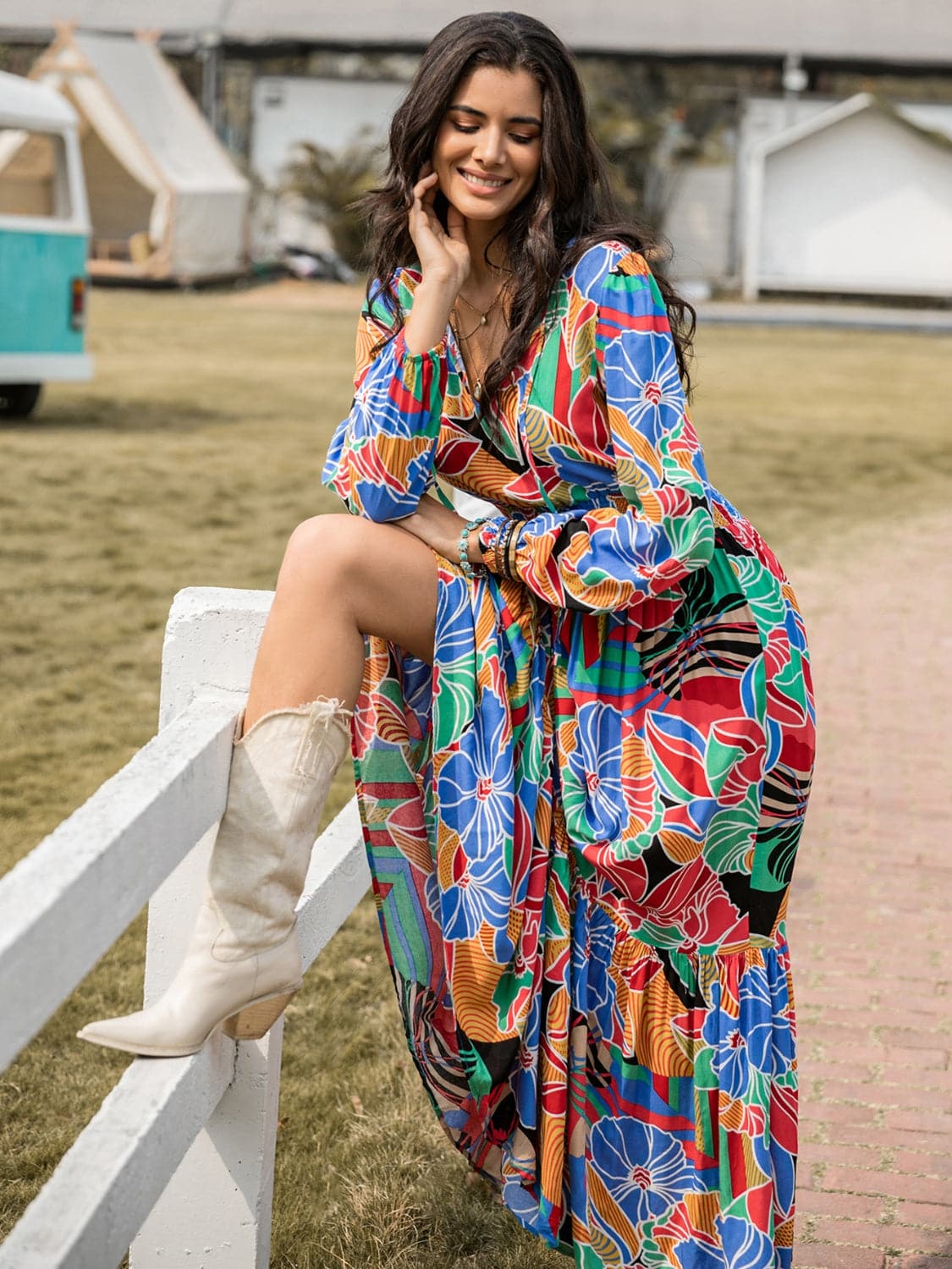 Printed Smocked Tie Neck Balloon Sleeve Maxi Dress.