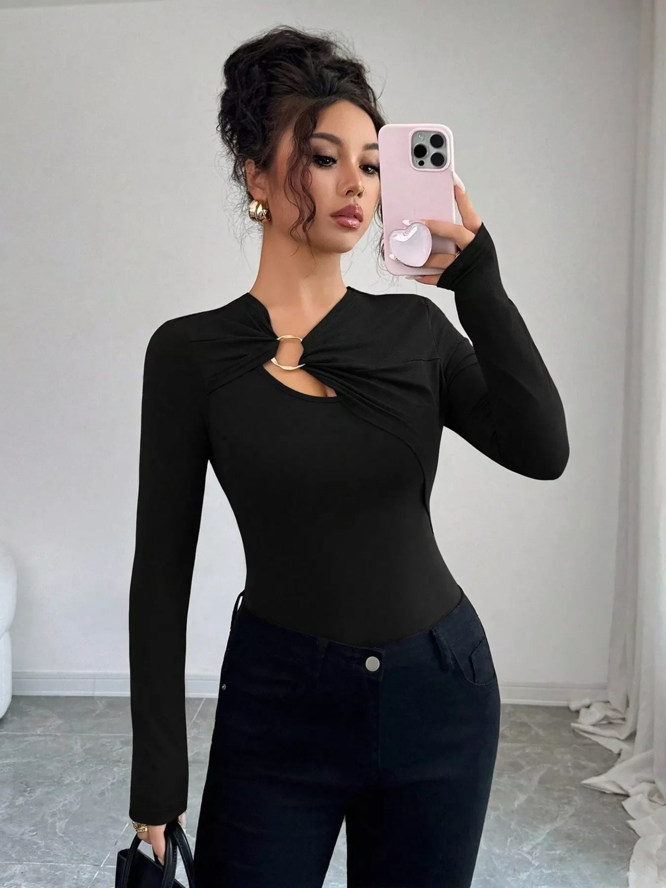 Twist Front Ring Detail Long Sleeve T-Shirt Simply Love