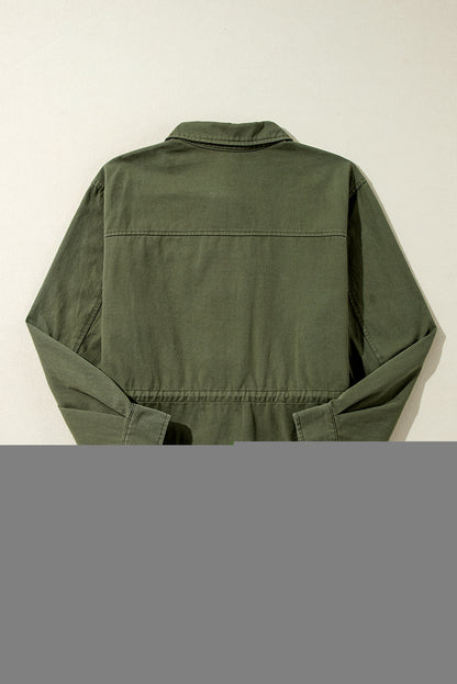 Chic moss green collared jacket with snap button and zipper details