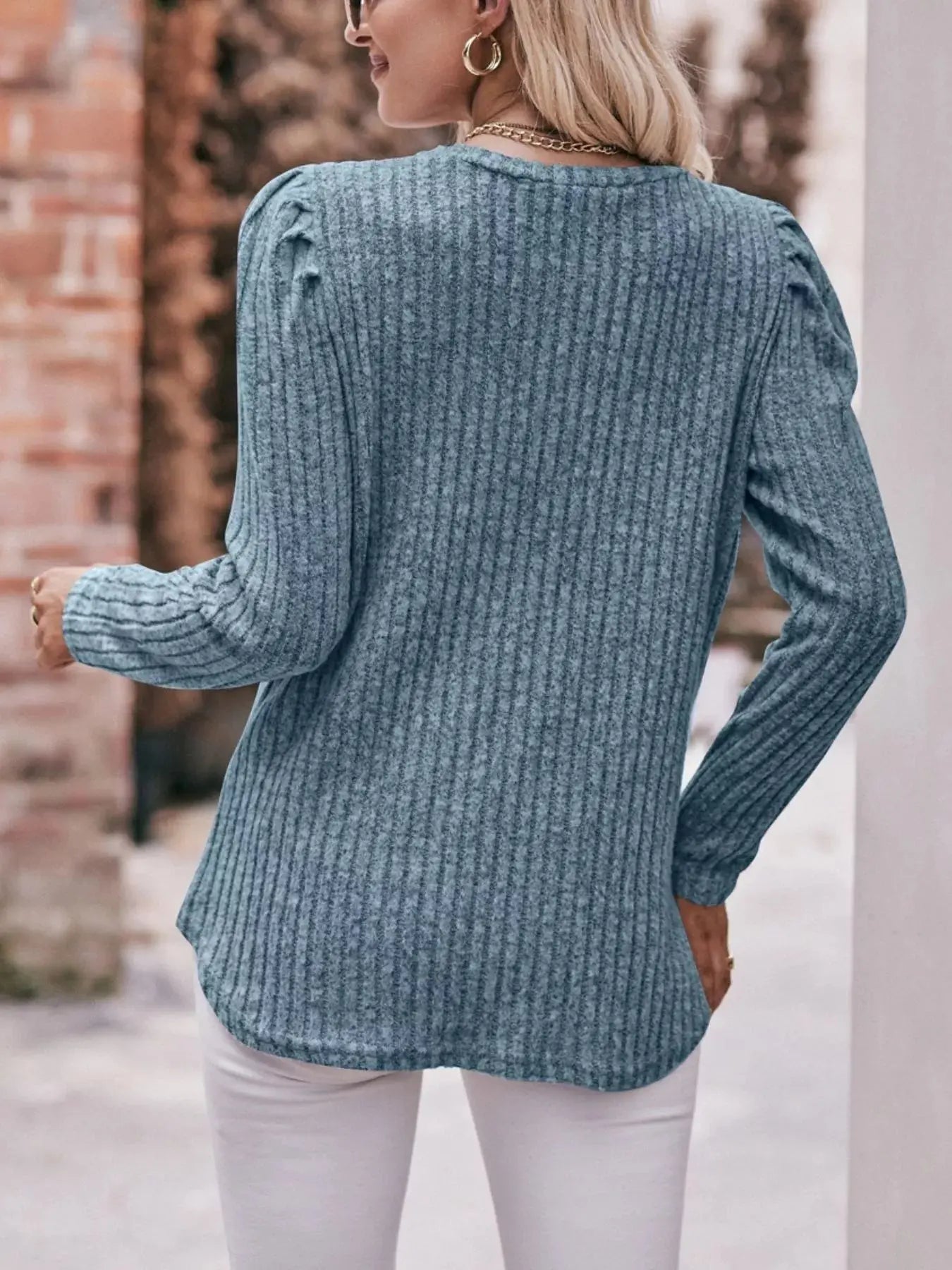 Ribbed Knit Puff Sleeve T-Shirt Simply Love