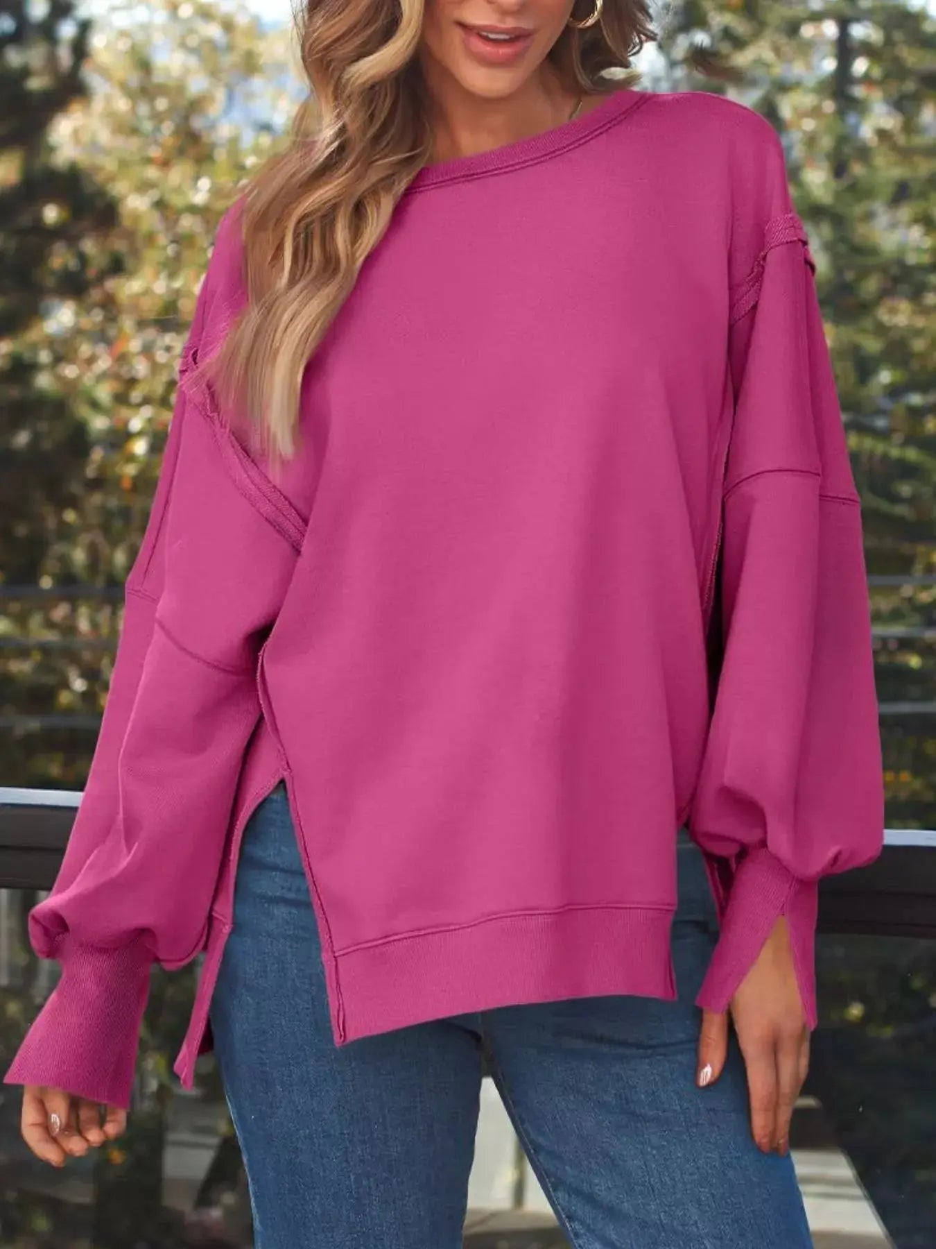 Side Slit Long Sleeve Oversized Sweatshirt Simply Love