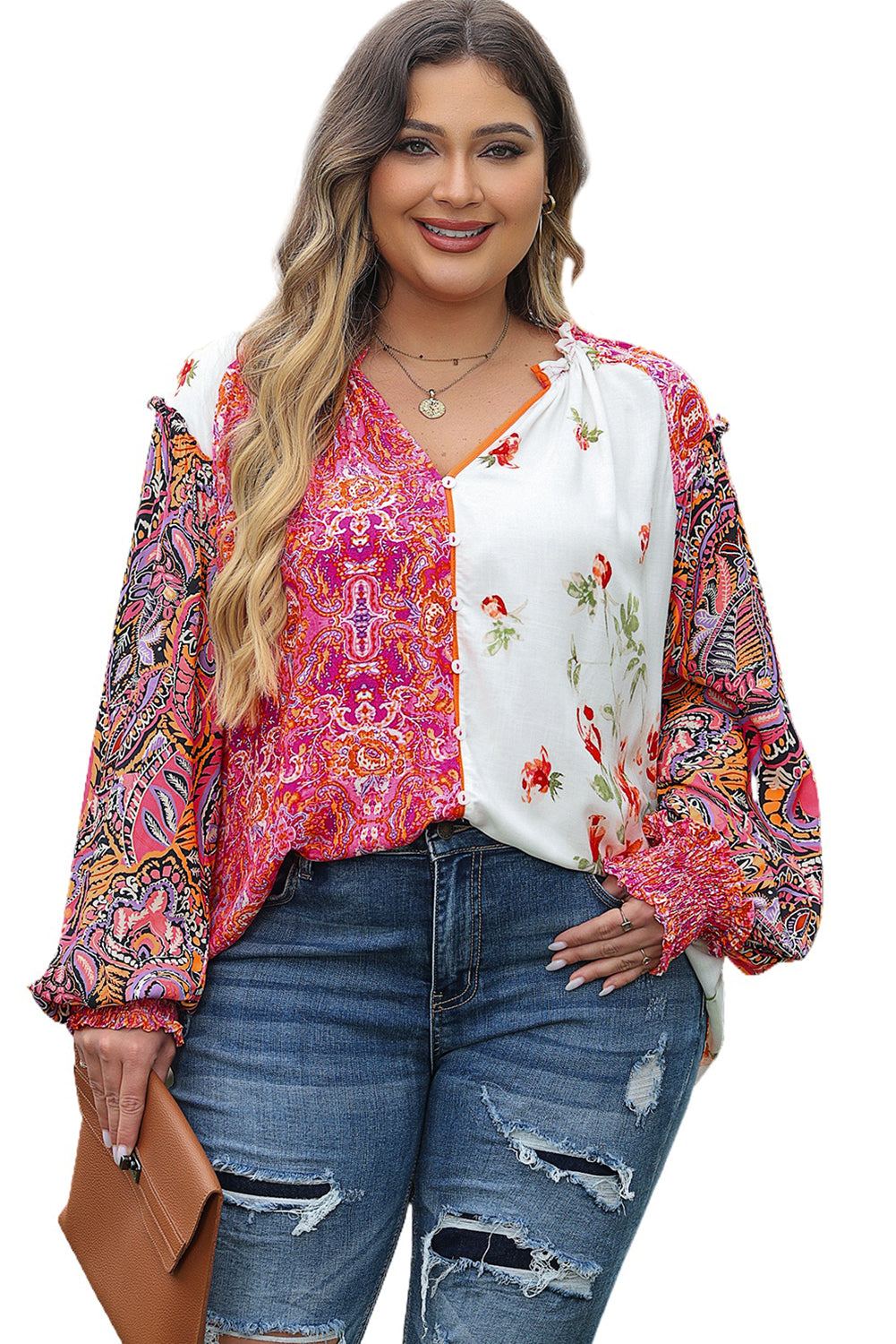 Floral charm: Pink patchwork blouse with shirred cuffs