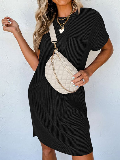 Round Neck Short Sleeve Mini Dress.