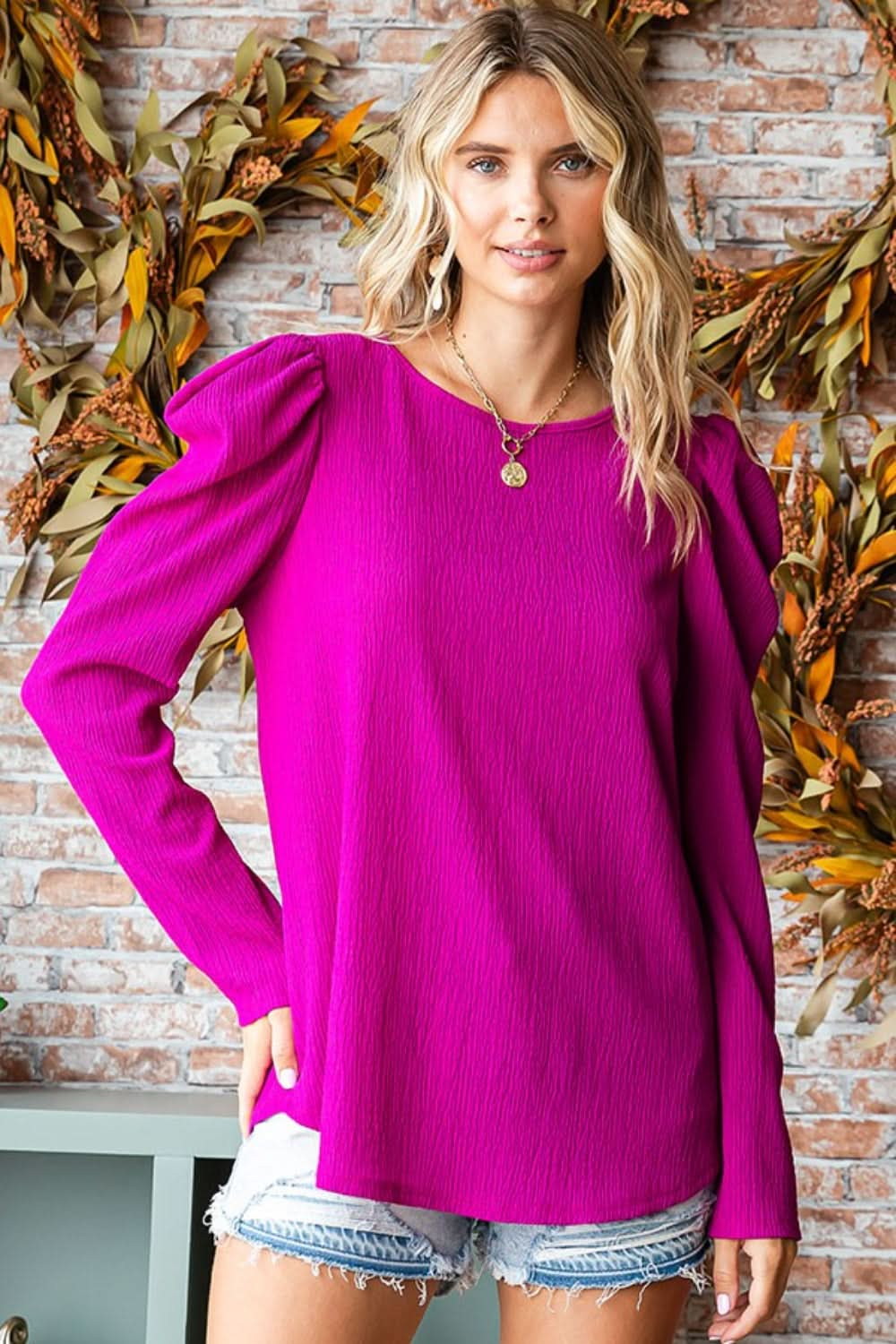 First Love Texture Puff Sleeve Round Neck Blouse