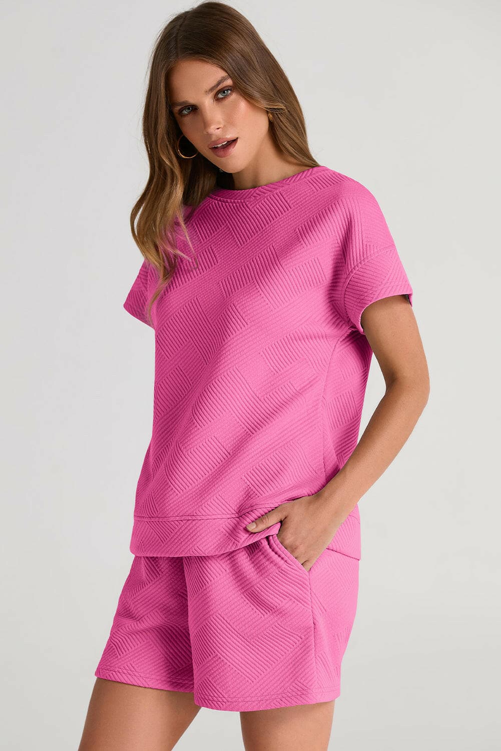 Textured Round Neck T-Shirt and Shorts Set.