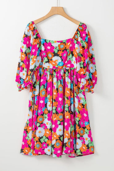 Printed Square Neck Half Sleeve Mini Dress.