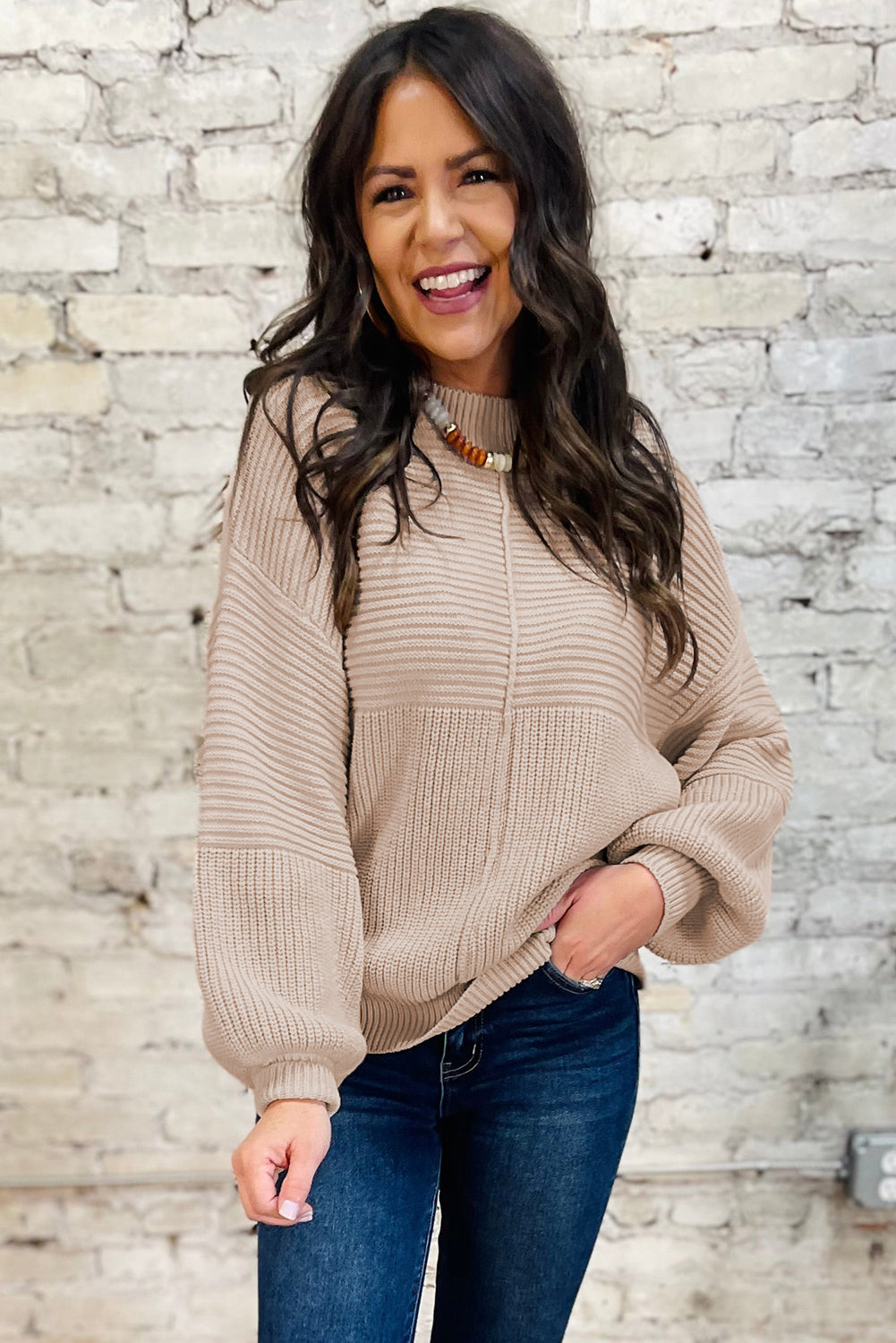 Parchment Mixed Texture Patchwork Knitted Puff Sleeve Sweater