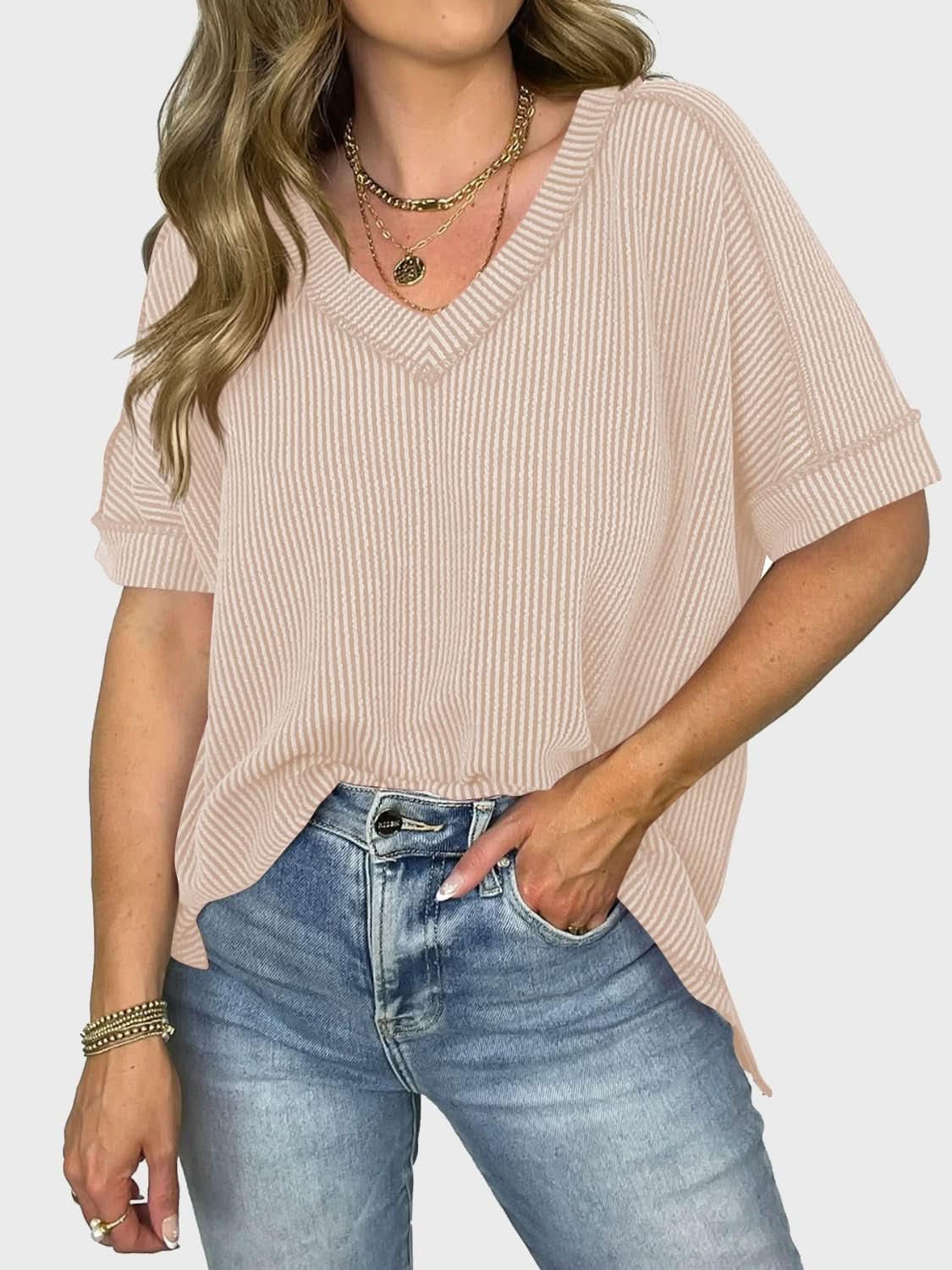 Lovelet Texture V-Neck Half Sleeve T-Shirt