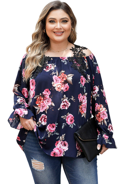 Chic navy blue plus size floral blouse with crochet details and cold shoulder design