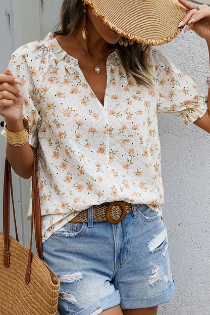 White Embroidered Floral Puff Sleeve V-Neck Blouse