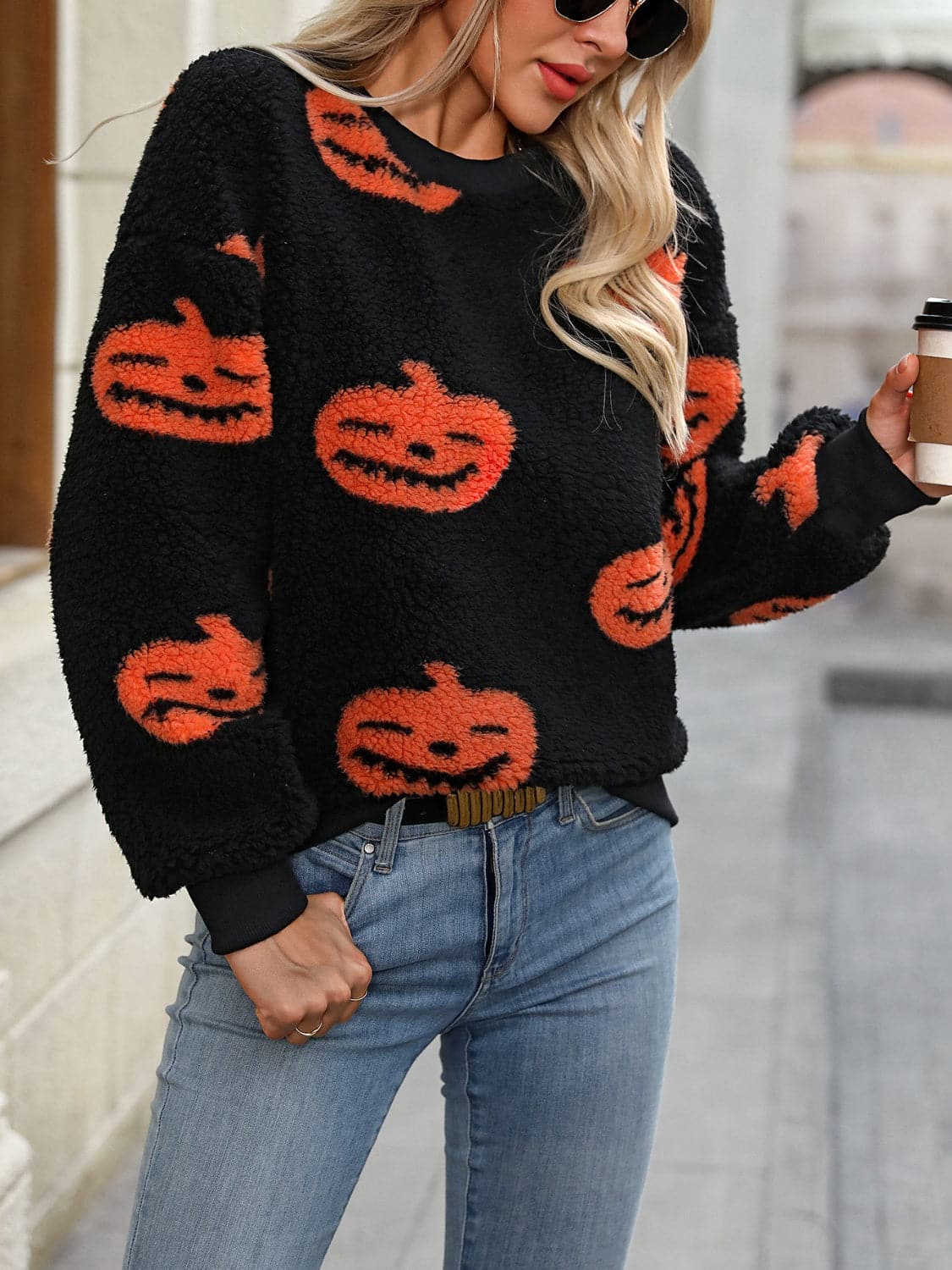 Fuzzy Pumpkin Round Neck Dropped Shoulder Sweater.