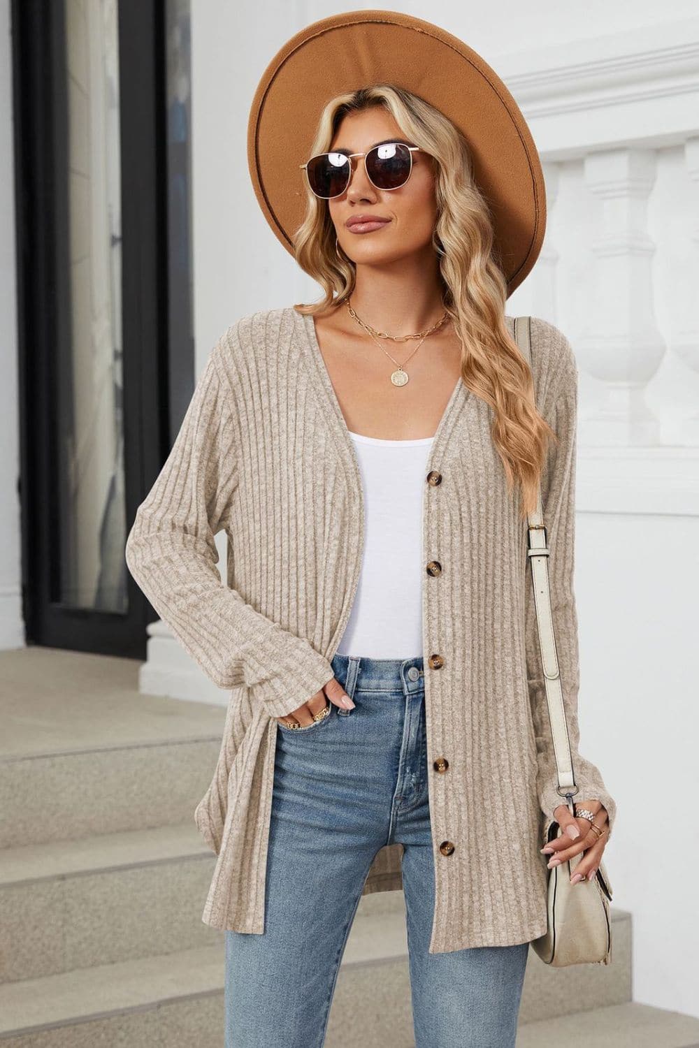 Ribbed Button Up Long Sleeve Cardigan.