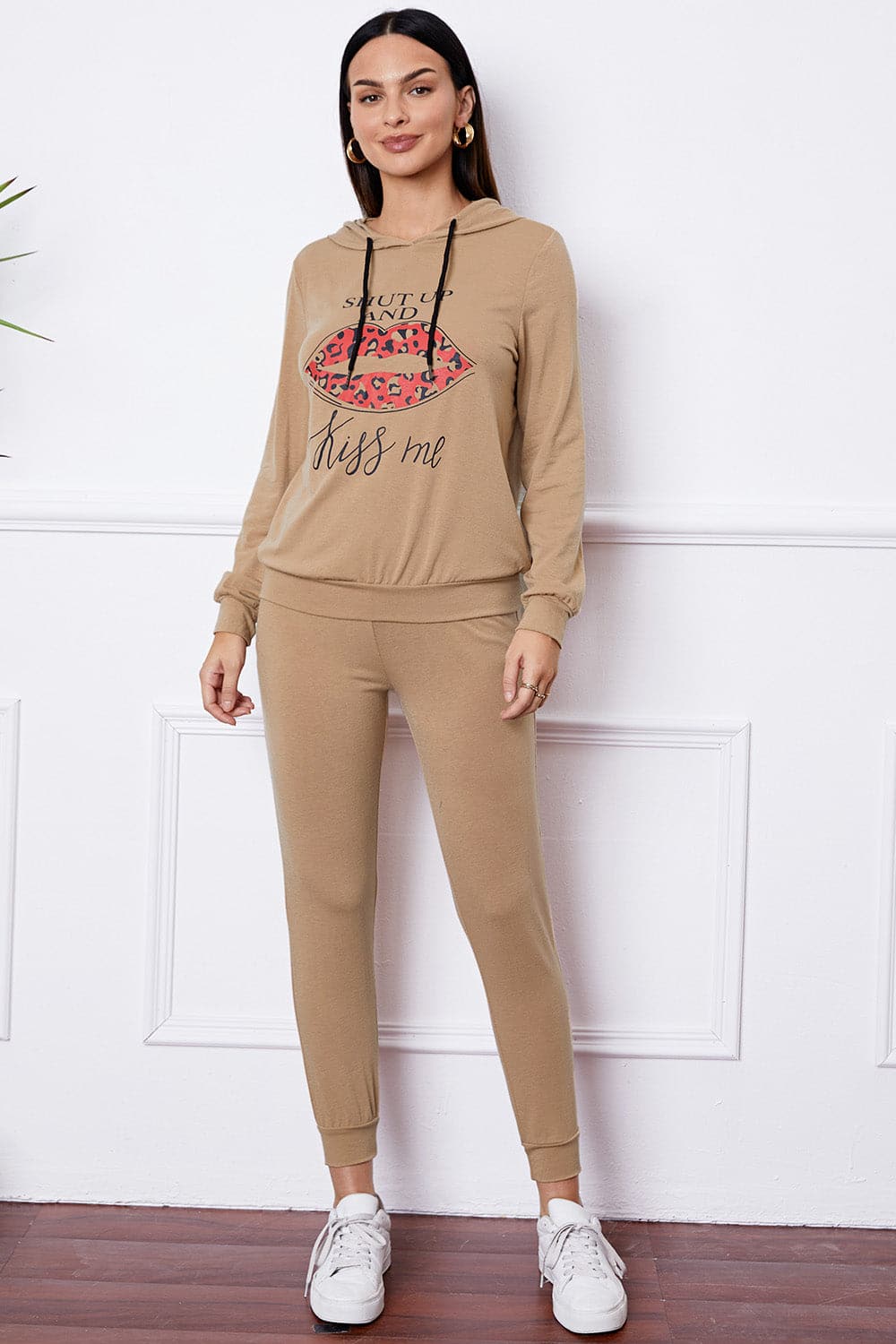 SHUT UP AND KISS ME Lip Graphic Hooded Top and Drawstring Pants Set.