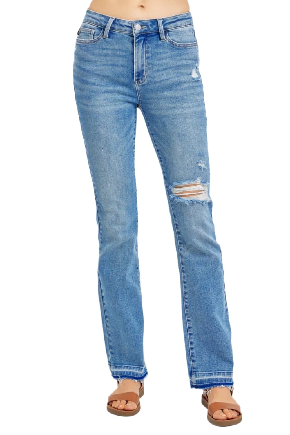 Judy Blue Full Size Mid Rise Destroyed Hem Distressed Jeans.