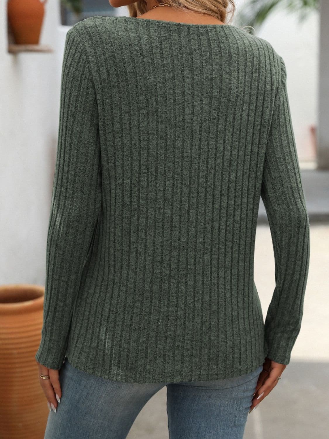 Ribbed V-Neck Long Sleeve T-Shirt.