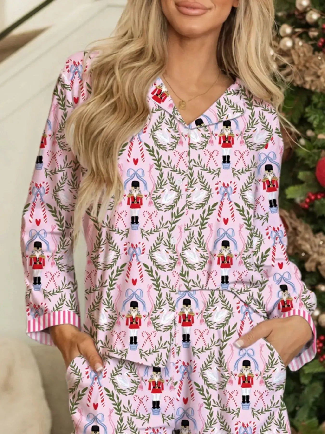Christmas Nutcracker Print Pajama Set Women Long Sleeve Top Shorts Simply Love