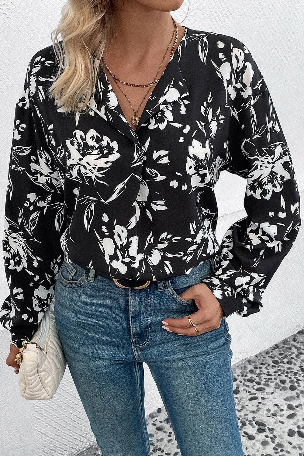 Floral Collared Neck Long Sleeve Top.