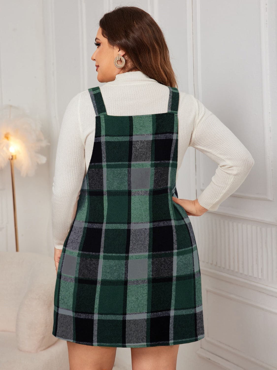 Plus Size Plaid Wide Strap Overall Dress.