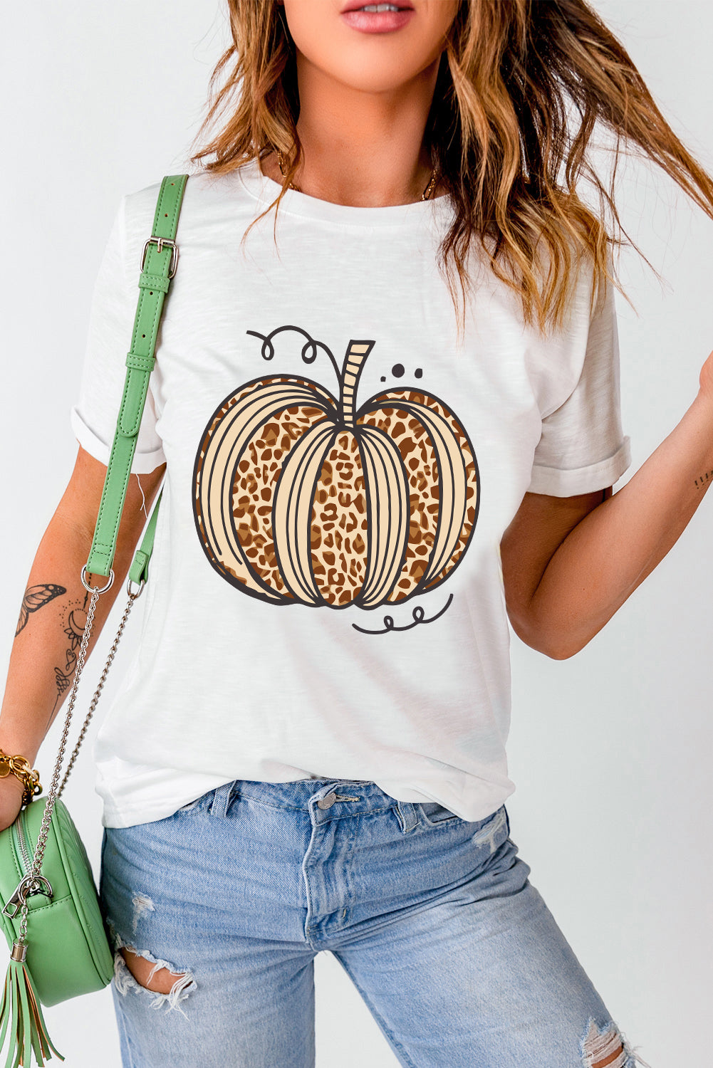 Leopard print pumpkin graphic crewneck Halloween tee