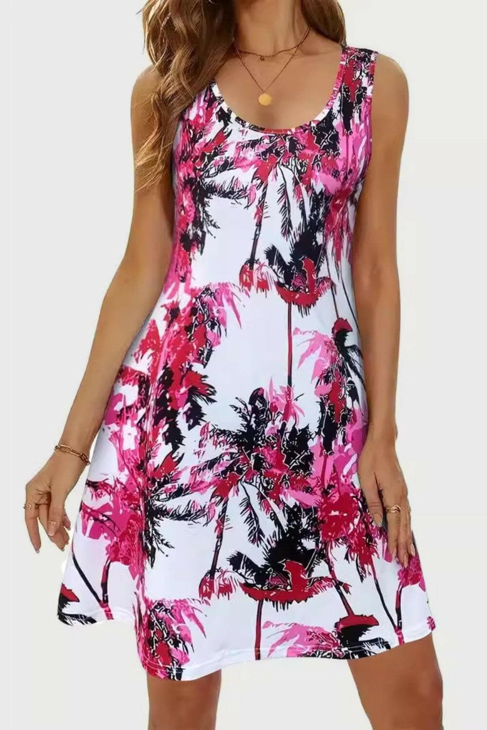 Printed Scoop Neck Wide Strap Mini Dress.