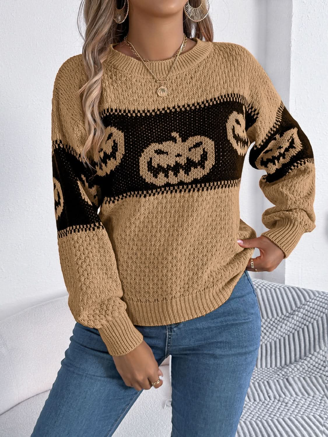 Cozy pumpkin round neck long sleeve pullover