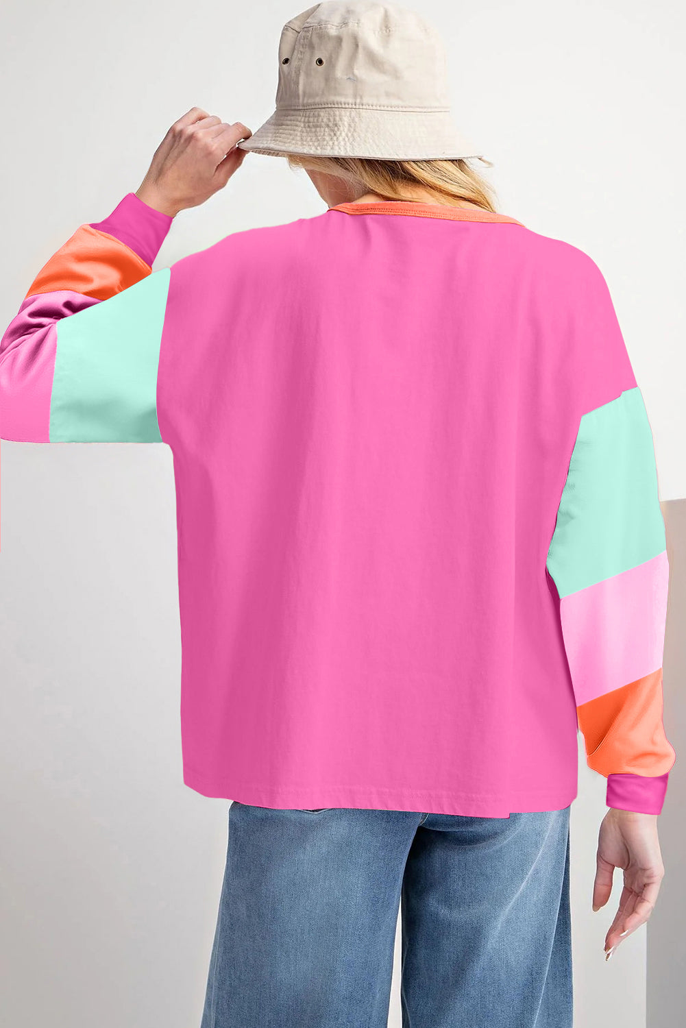 Chic rose red colorblock patchwork long sleeve top for a relaxed fit