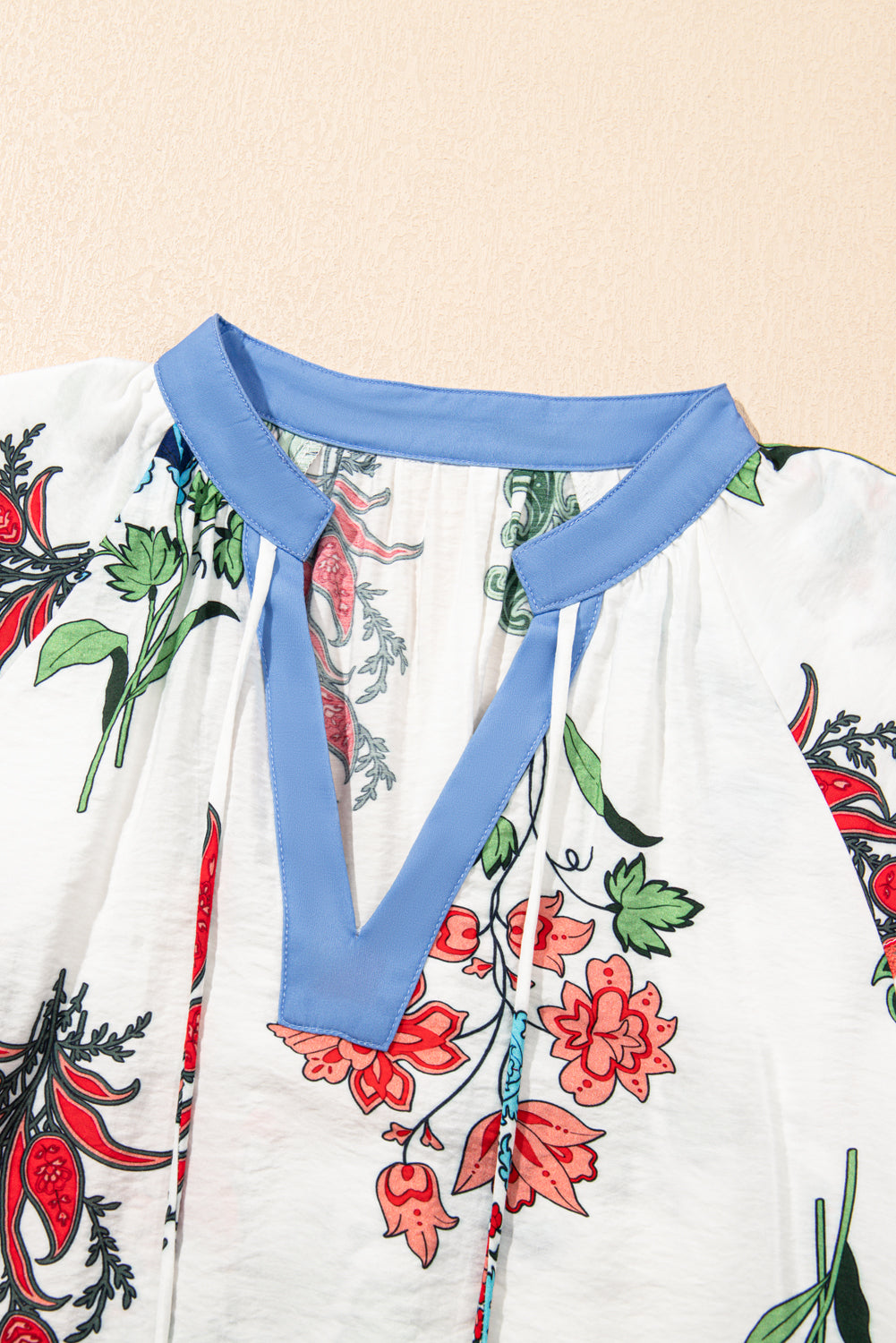 White Floral Print Contrast V Neck Tassel Tie Lace Detail Blouse