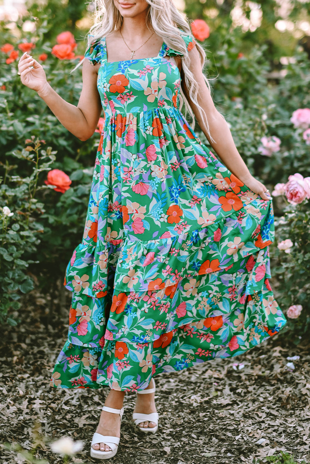 Green Floral Print Sleeveless Ruffle Tiered Maxi Dress Delight