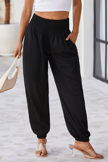 Chic black smocked joggers - high-rise comfort