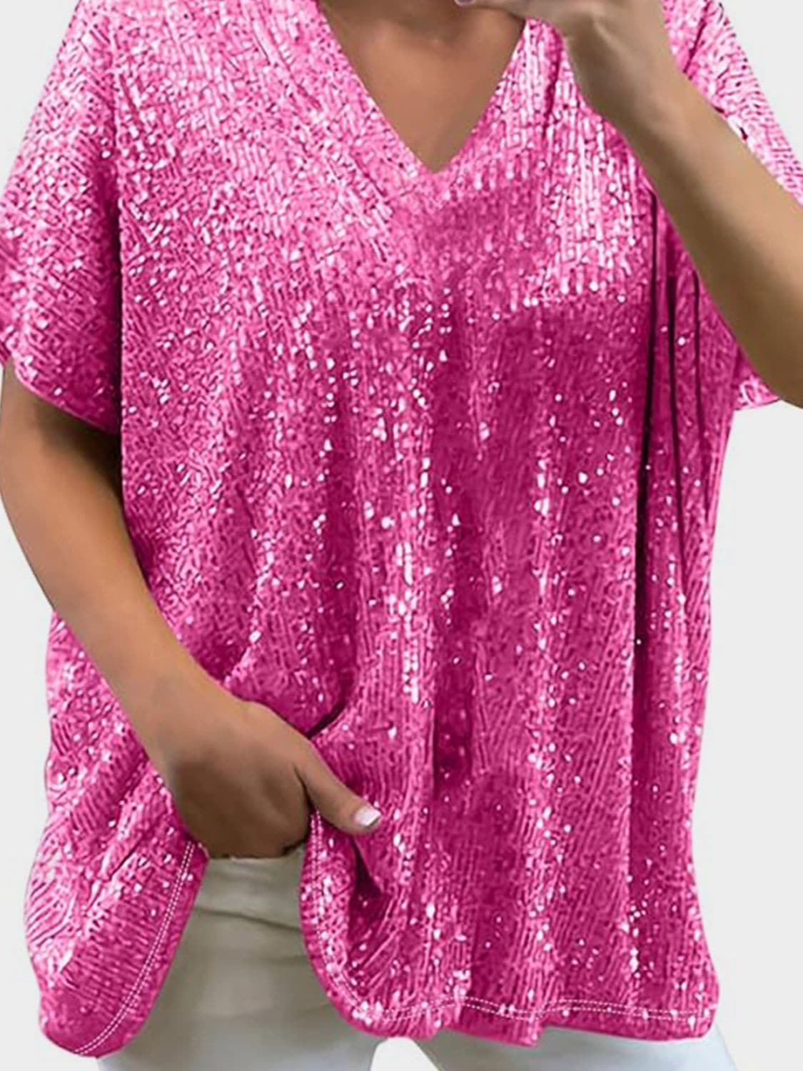 Full Size Sequin V-Neck Short Sleeve Top.