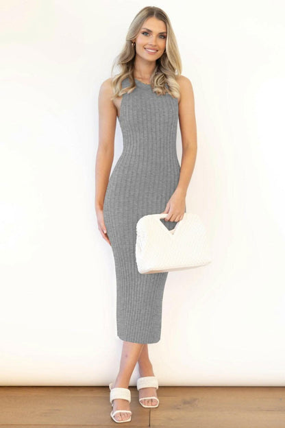 Slit Ribbed Round Neck Sleeveless Dress.