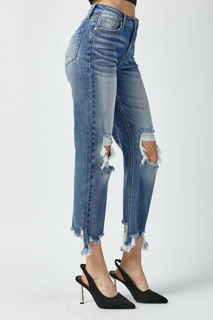 RISEN High Waist Distressed Frayed Hem Cropped Straight Jeans.