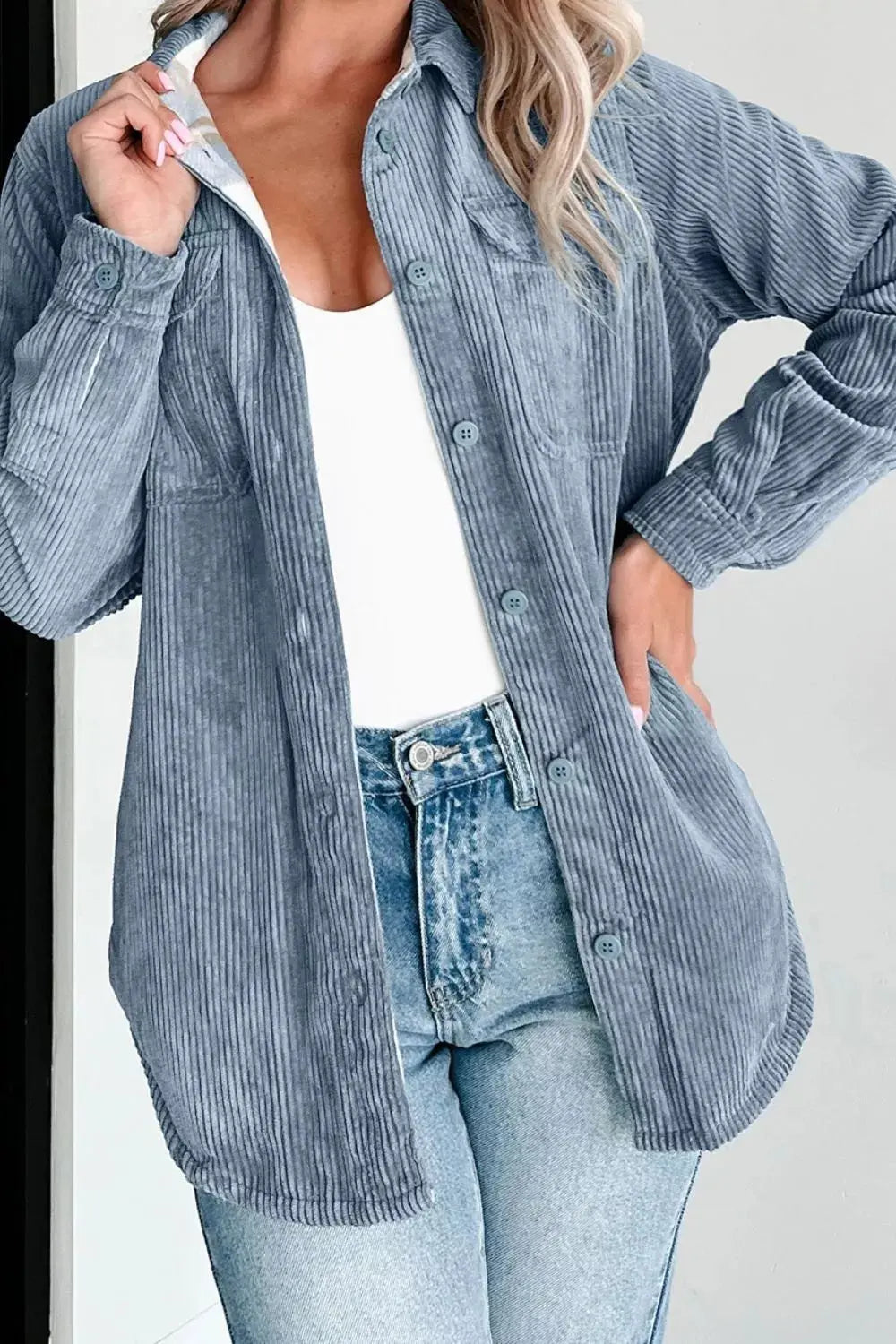 Corduroy Plaid Button-Up Shacket Simply Love