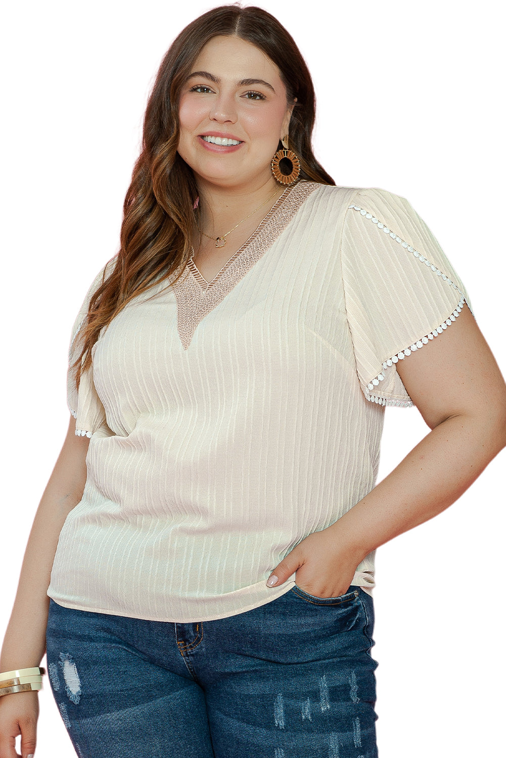 Beige plus size lace petal sleeve blouse with contrast detailing