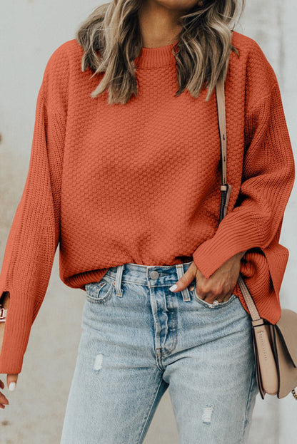 Chic textured long sleeve sweater with stylish slit detail