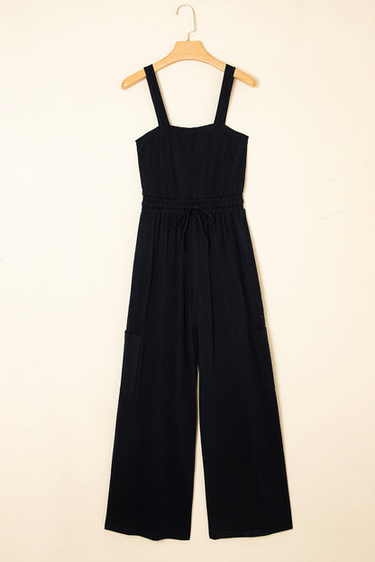 Black Drawstring Wide Leg Cargo Pockets Sleeveless Jumpsuit
