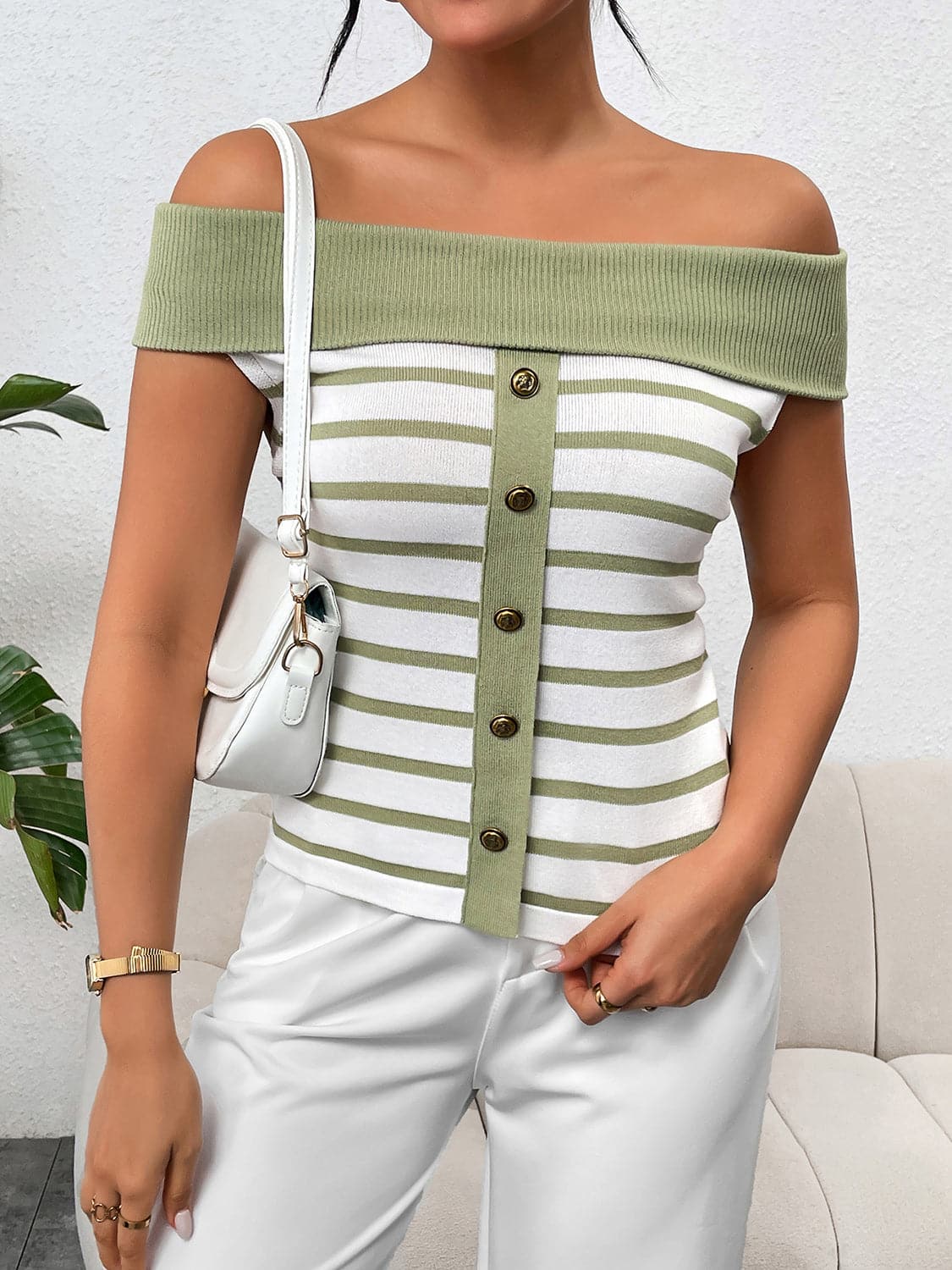 Decorative Button Striped Off-Shoulder Knit Top.