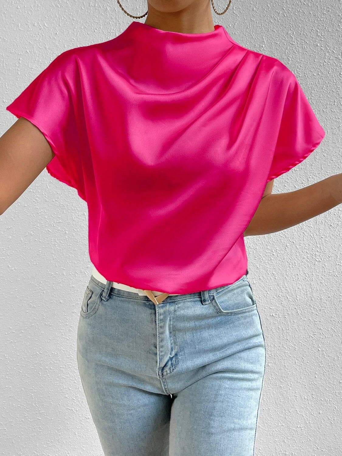 Ruched Mock Neck Short Sleeve Blouse.